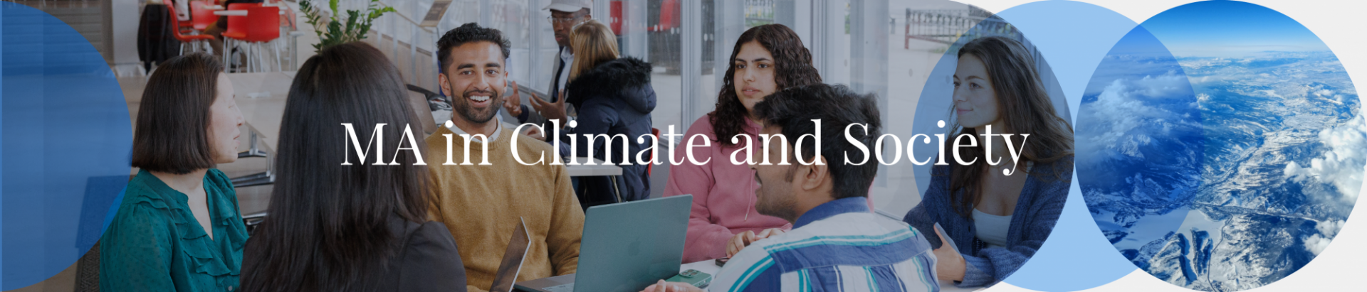 Students meeting around a table with text MA in Climate and Society