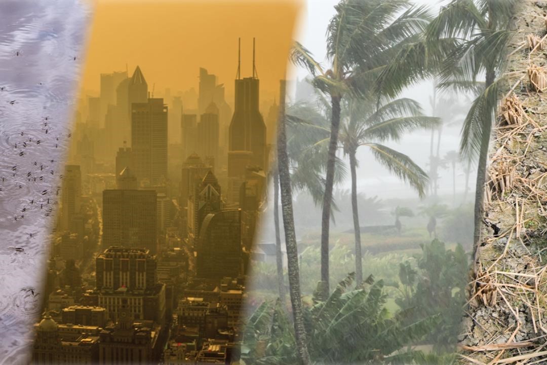 Montage of climate change impacts on rural and urban areas